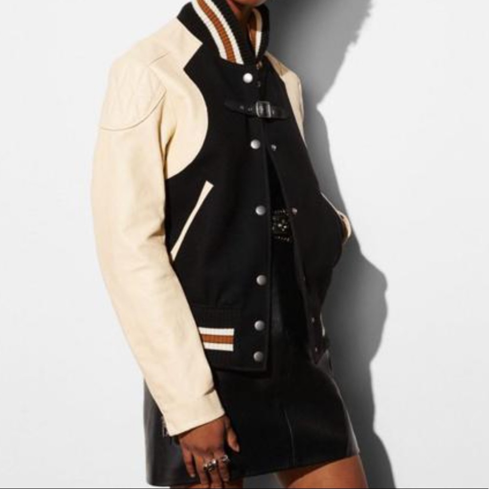 COACH Varsity Moto Leather Sleeve Varsity Jacket